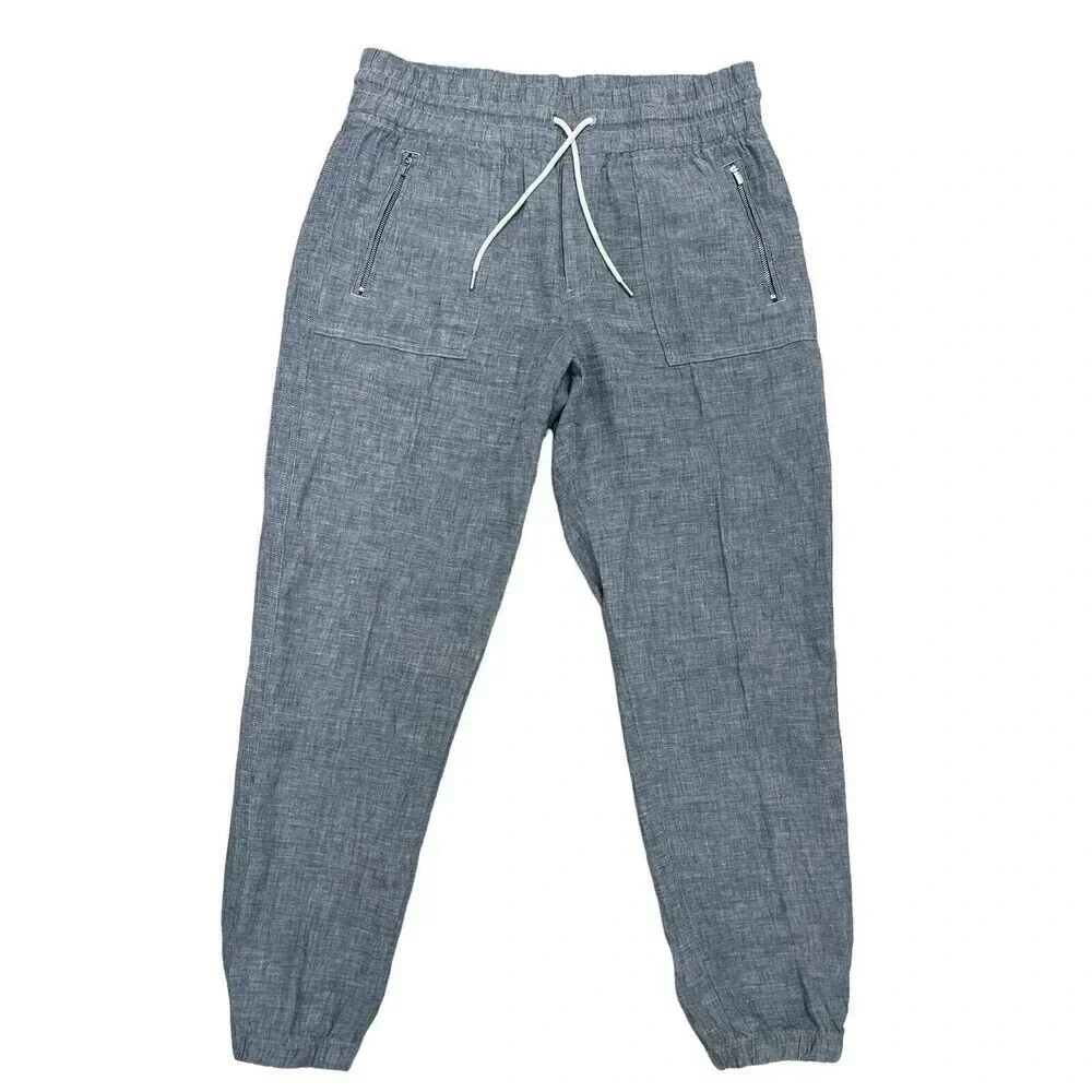 Athleta Linen Cabo Jogger Pants Blue Chambray Travel Beach Outdoor Size 12
